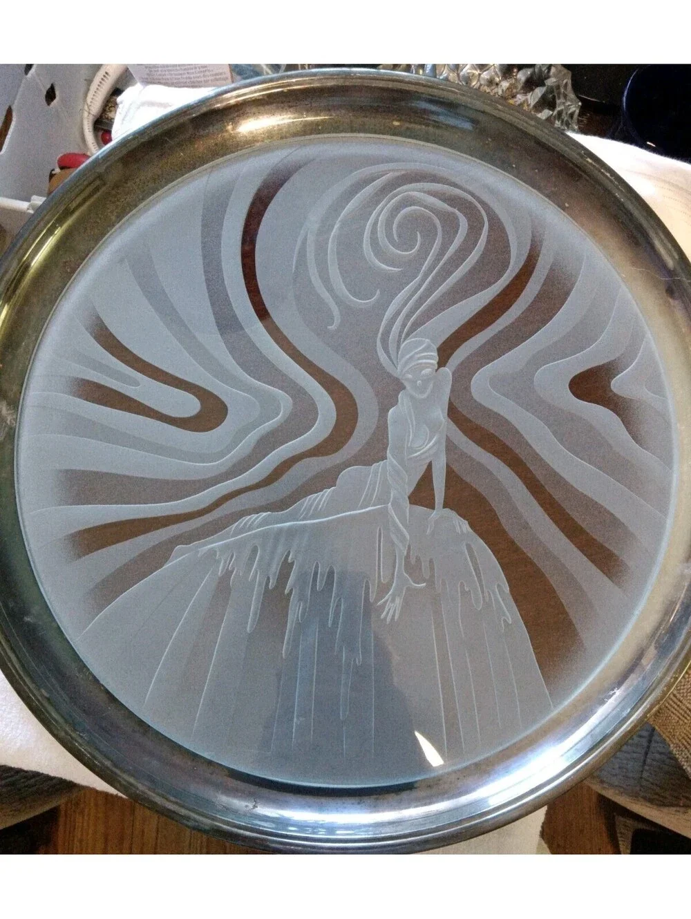 Postmodern Deep Carved Sandblasted Art Glass Charger Platter Lady Silhouette...